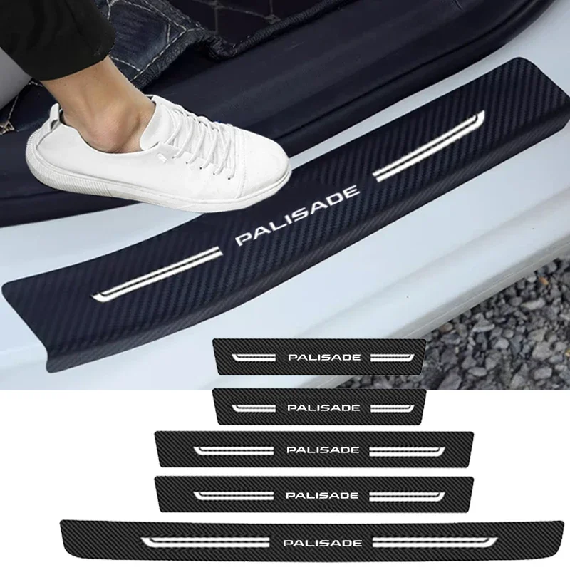Carbon Fiber Car Door Threshold Stickers Accessories for Hyundai PALISADE Badge Trunk Sill Protect Film Scuff Plate Decals Tape