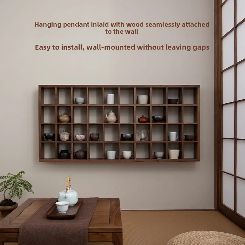 

Japanese Multi-Tier Display Cabinet,Black Walnut Tea Cup Organizer, Purple Clay Pot & Tea Set Showcase Wall-Mounted Antique Rack