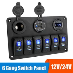 6 Buttons Switch Panel for Car Marine Boat Light Toggle LED Digital Voltmeter Test USB Chargers 12V 24V Power Adapter Waterproof