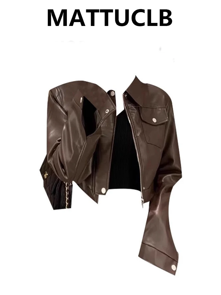 

2025 Fall Winter Women American Vintage Pu Faux Leather Crop Racer Jacket Outwear Y2k Coat New In Gyaru Streetwear Tide Punk
