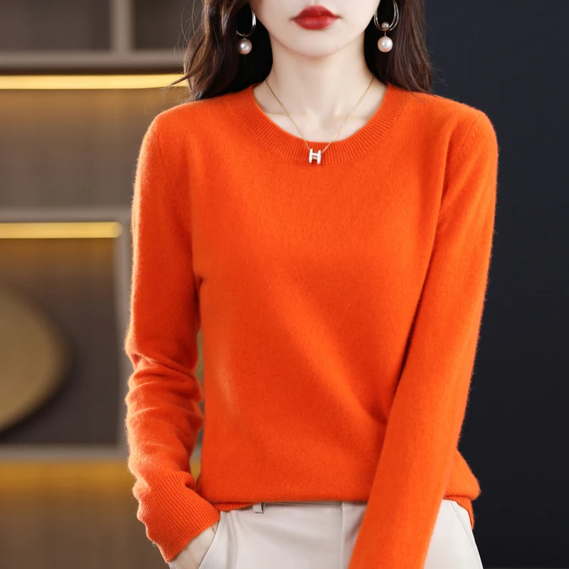 

RONGYI 100% Pure Wool Cashmere Sweater Women O Neck Pullover Autumn Winter Women Jacket Solid Color Fashion Casual Knit Top