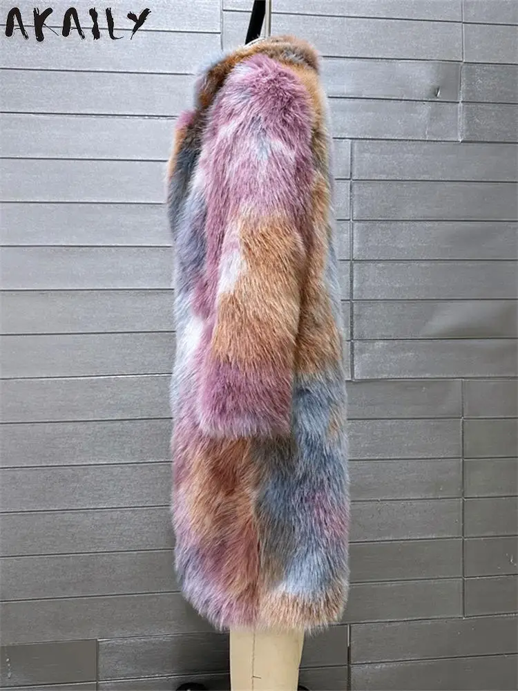 Akaily Colorful Warm Faux Women 2023 Fur Coat Loose Villus Colours Plush Coat Female Jacket Fur Fall Winter Shaggy Outerwear