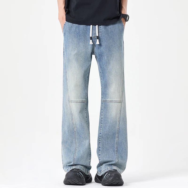 

KSTUN 2026 Men's Elastic Waist Bootcut Jeans Male Flared Pants Stretchy Drawstring Vintage Patchwork Light Blue Denim Trousers