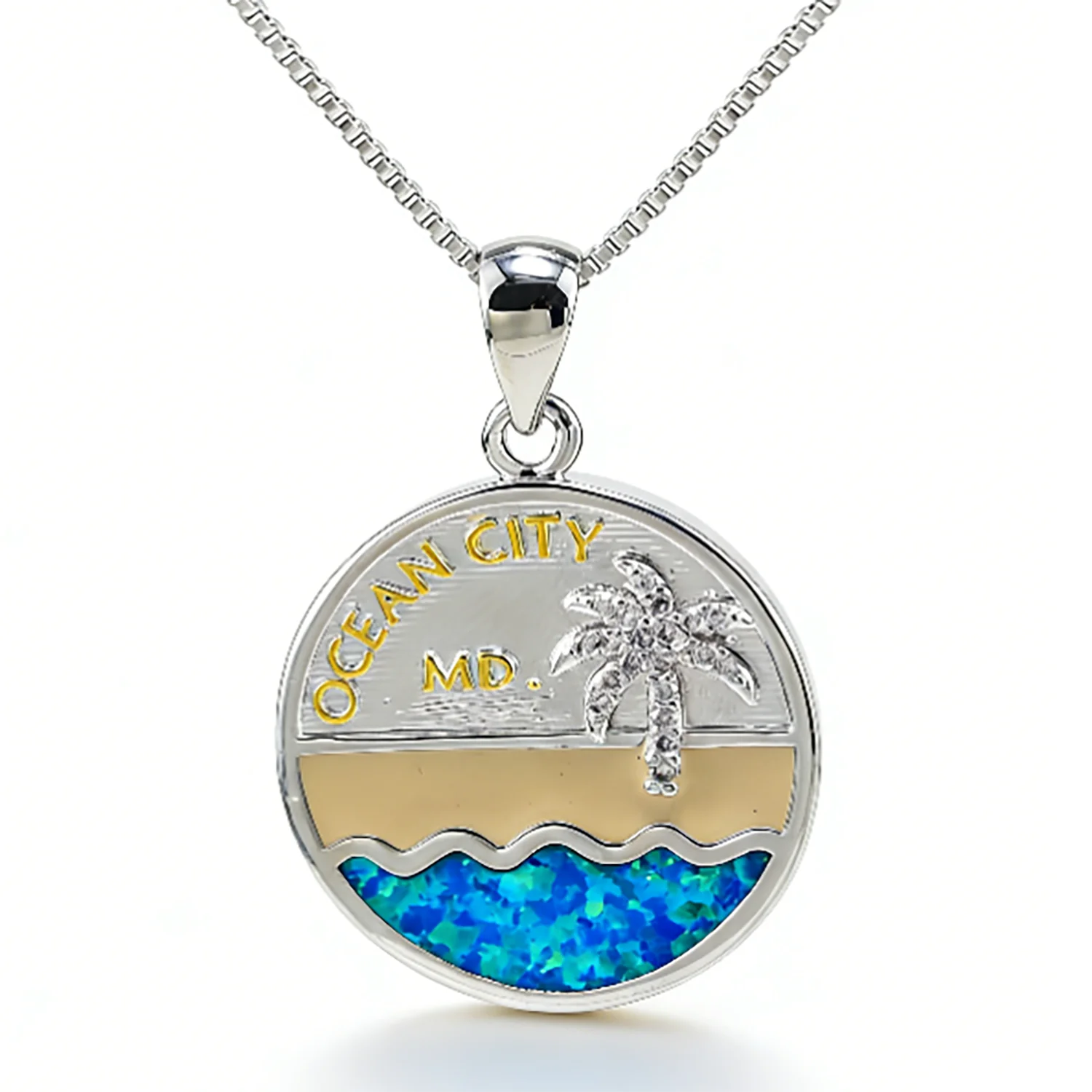 Ocean City Maryland Necklace,Silver Plated Pendant with Blue Opal Sea & Palm Tree,Souvenir Beach Jewelry,Coastal Vacation Gift