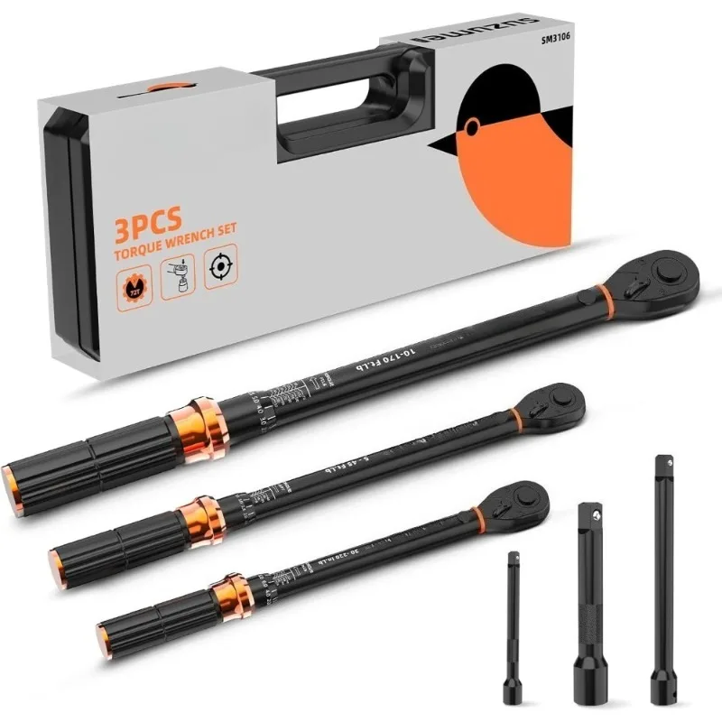 

3PCS Dual-Scale Click Torque Wrench Set 1/4 3/8 1/2 Inch 72 Teeth Dual-Direction Adjustable with Case for Bicycle Motorcycle