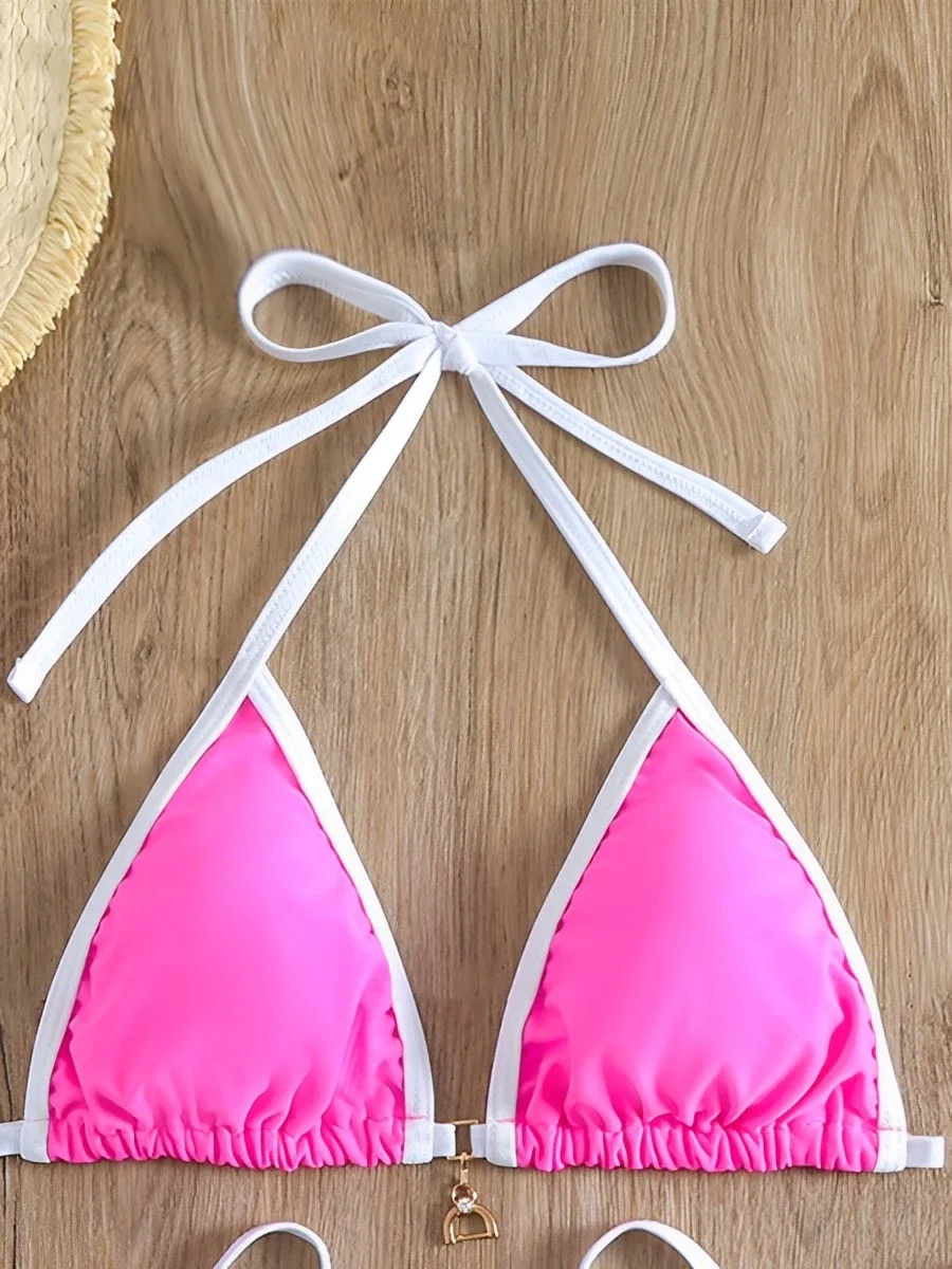 

2025 треугольное бикини с лямкой на шее, купальник из двух предметов, женский купальник с мягкой подкладкой, женский купальный костюм для купания, купальный костюм, пляжная одежда