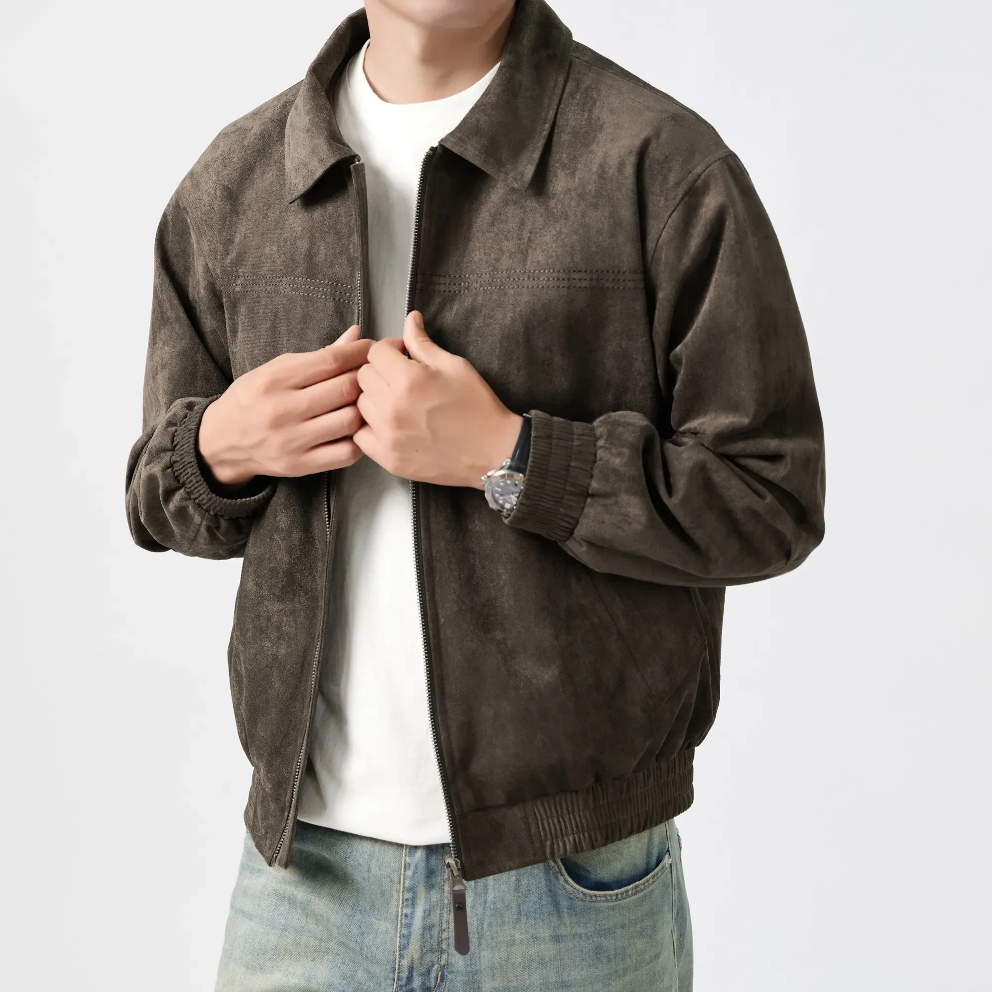 Herren Cropped Boxy Minimalistische Kunstwildleder-Jacke Leichte Weiche Textur Coach-Jacke Vintage Harajuku Streetwear Bomber-Oberbekleidung – Detail 4