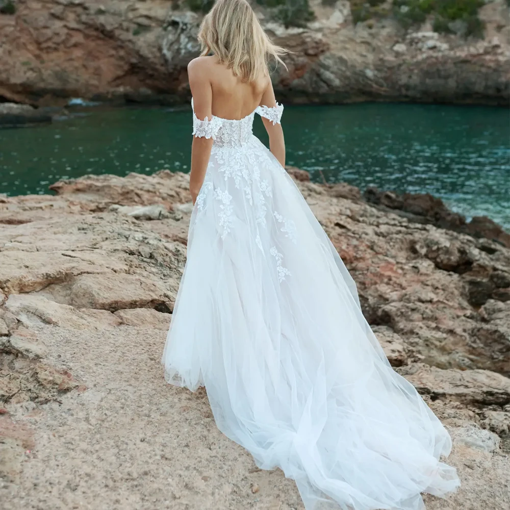 Elegant Tulle Wedding Dresses Boat Neck Bridal Growns Applique Lace Zipper Back Evening Dresses Customized Vestidos De Novia