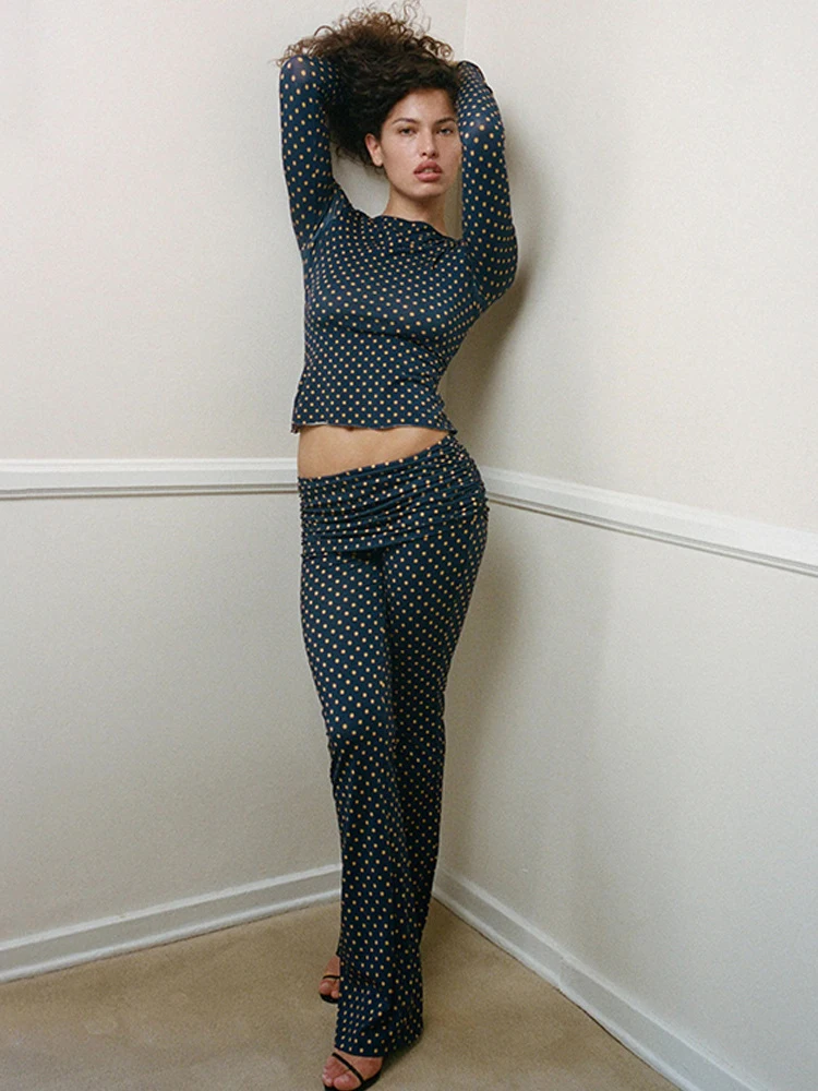 Fantoye Printed Polka Dots Two Piece Sets Women Pant Sets Blue Long Sleeve T-shirt Long Pant Female Winter Slim Casual Pant Suit