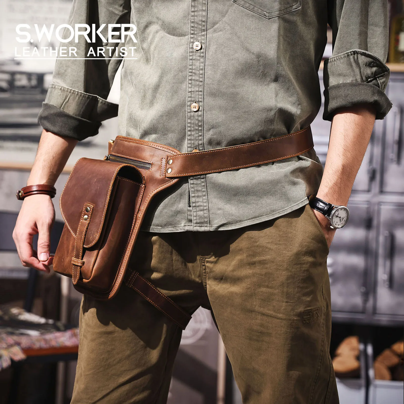 Vintage Herren Echtes Leder Taille Tasche Casual Schulter Taschen Top Schicht Rindsleder Outdoor Handy Holster Crazy Horse Leder – Detail 2