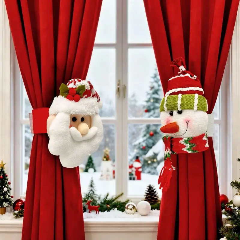 Santa & Snowman Christmas Curtain Tiebacks, Xmas Window Decor Ties, Ornaments for Home Hotel Holiday Decoration