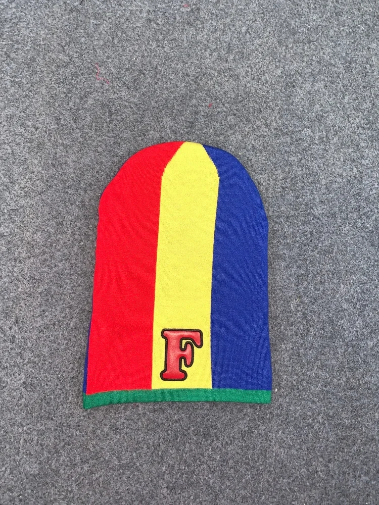 Irregular Curved Tall Slouchy Beanie Color Block F Letter Patch Embroidery Hip Hop Street Knit Hat Unisex