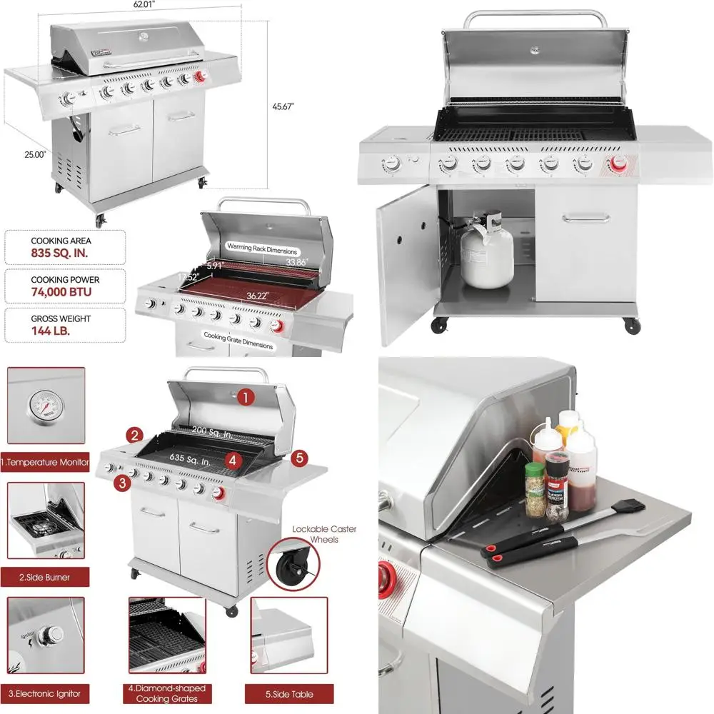 

Газовый гриль на пропане с 6 конфорками и боковой горелкой, 74000 БТЕ, серебристый уличный гриль-барбекю для приготовления пищи на заднем дворе