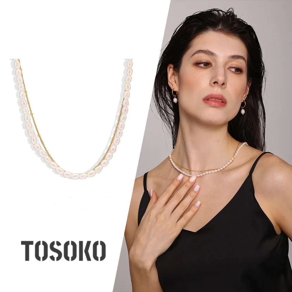 

TOSOKO Natural Freshwater Pearl Collarbone Chain Titanium Steel Round Snake Chain Rice Pearl Double-Layer Layered Necklace P272