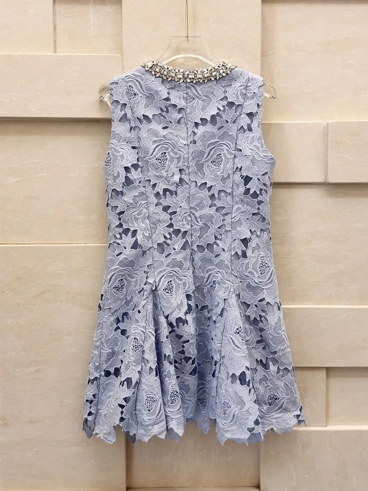 أزياء الصيف الإناث نمط جديد الماس طوق اللباس أنيقة الدانتيل أكمام س الرقبة البلوز فساتين فوق الركبة فستان الشمس الصغيرة