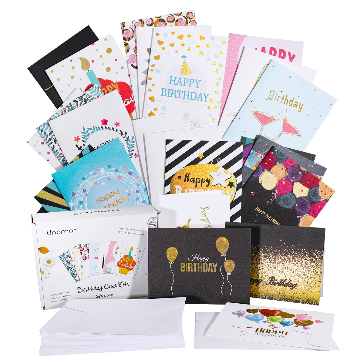 UNOMOR 24 Fun Stylish Designs Gold Stamp Birthday Kits with 26 Envelopes birthday cards birthday greeting cards