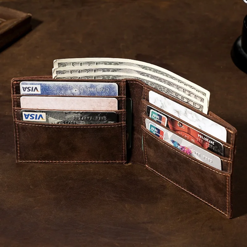 

Мужской короткий кошелек из натуральной кожи в стиле ретро, первый слой кожи Crazy Horse, мужские кошельки из воловьей кожи с несколькими отделениями для карт