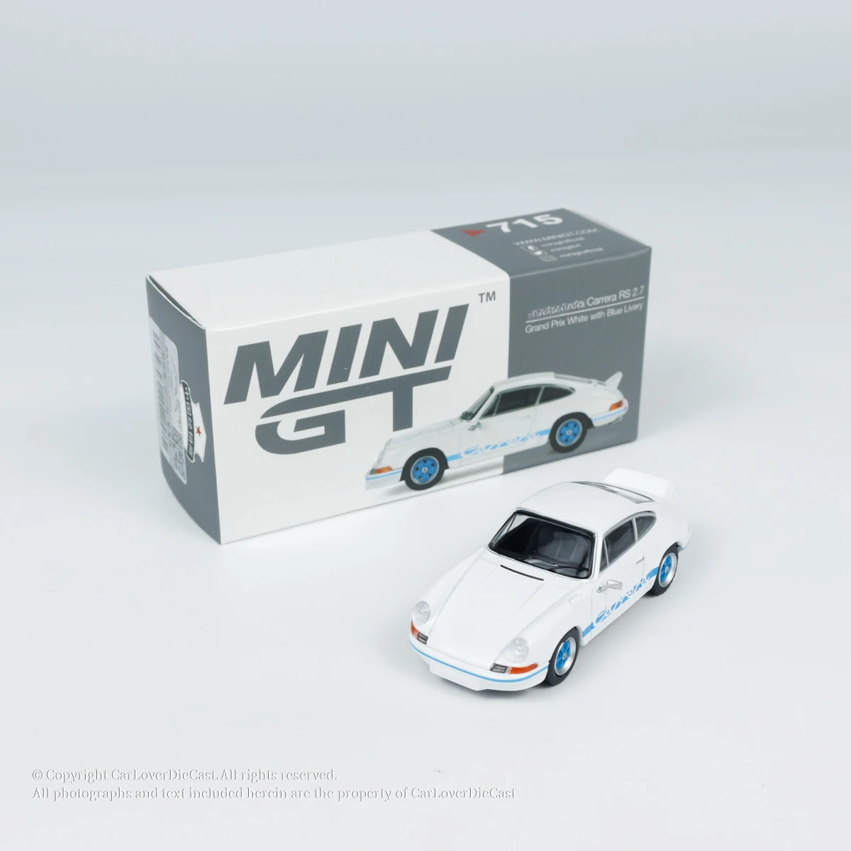 MINIGT 1:64 RS 2,7 Grand Prix blanco con librea azul modelo de coche fundido a presión