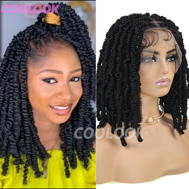 

New Arrival 12" Synthetic Knotless Box Braided Wigs Spiral Curl Full Lace Frontal With Baby Hair For Black Women Afro Braid Wigs