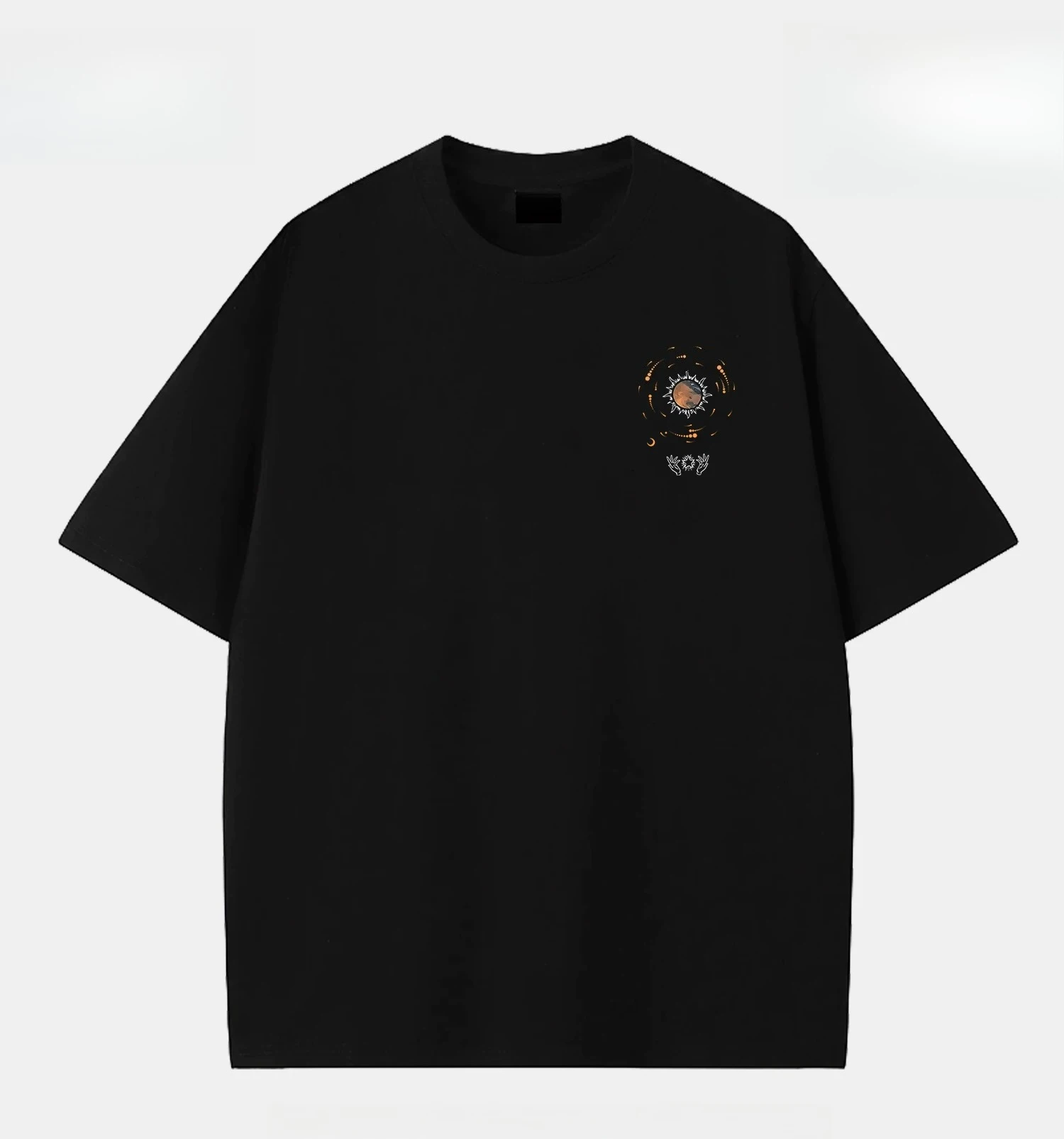 2026 Summer American Retro Streetwear Men Cosmic Planet Moon Hand Print Short Sleeve T-Shirt Loose Oversized Black Casual Top