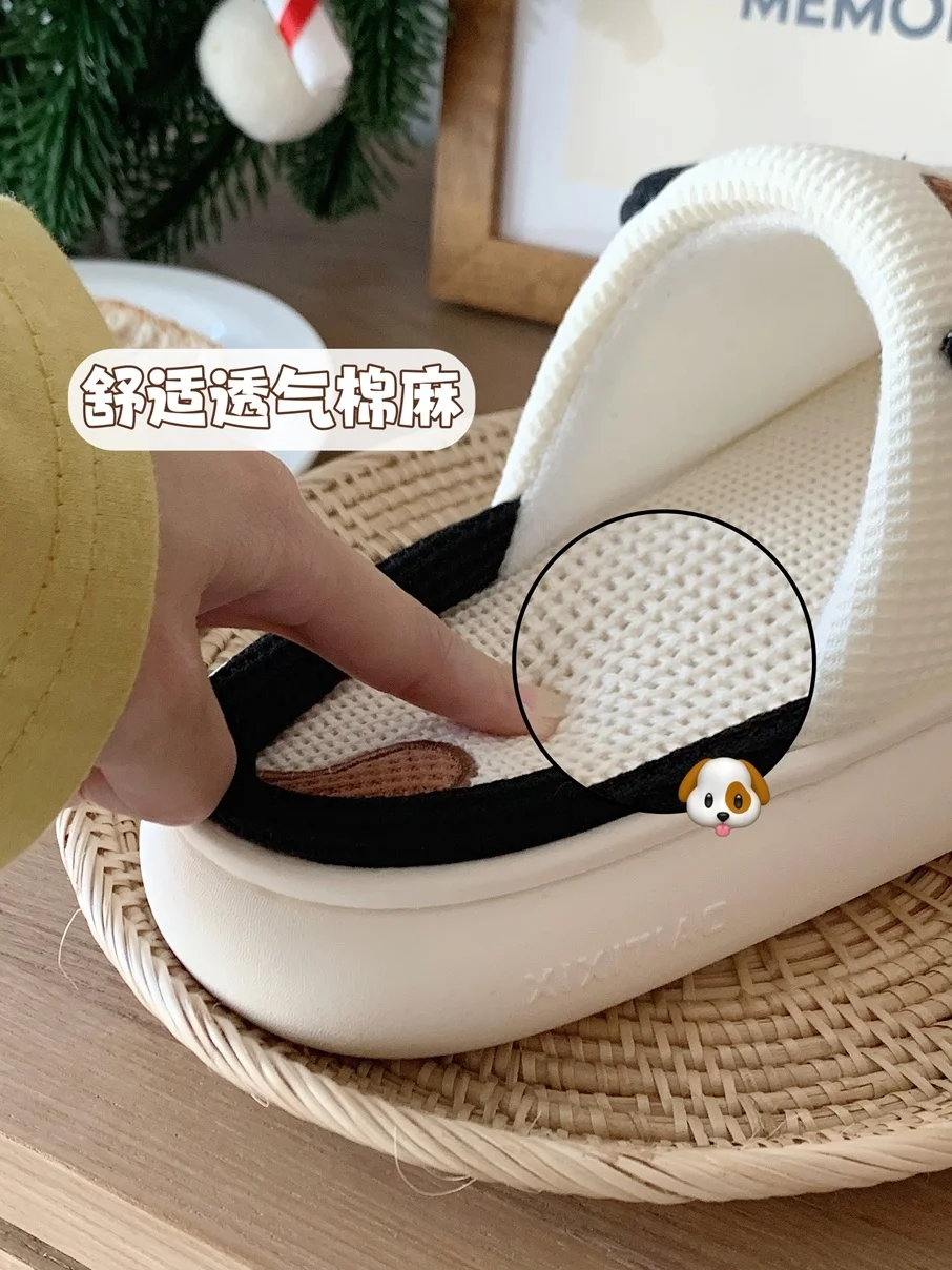 Cartoon Dog Thick Sole Linen Slippers Couples Home Four Seasons Anti Slip Cotton Linen Slippers Women Spring Summer Slipper