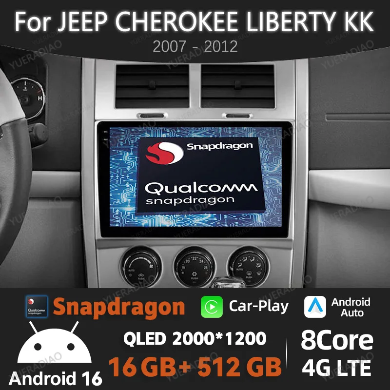 Android 16 Car Radio For Jeep Cherokee KK Liberty 2007 - 2012 Multimedia Video Player 4G LTE 5G WIFI GPS NAVI Head Unit QLED BT