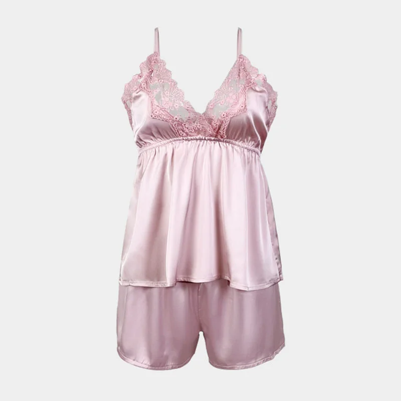 Frauen Satin Pyjama Set 2-teilige Pyjama Nachtwäsche Lounge wear Spitze V-Ausschnitt Cami Top sexy Dessous ärmellose Homewear Shorts Set