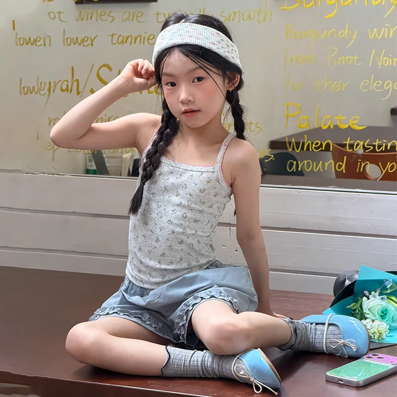 Medium Sized Retro Sweet Polka Dot Camisole Top for Summer Children's Casual Countryside Floral Vest