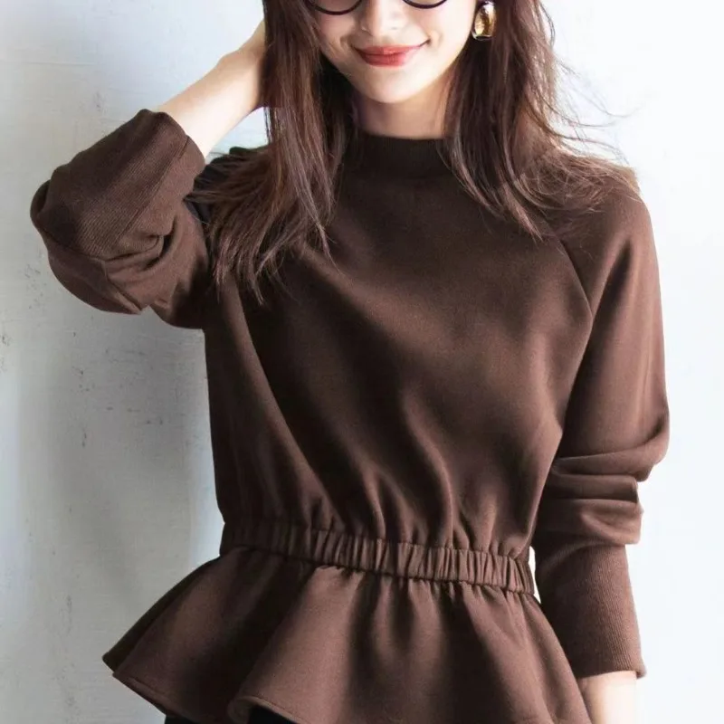 

Women's Autumn Winter Fashion Elegant Round Neck Pullover Long Sleeve Solid Sweatshirt Casual Versatile Western Commuter Tops