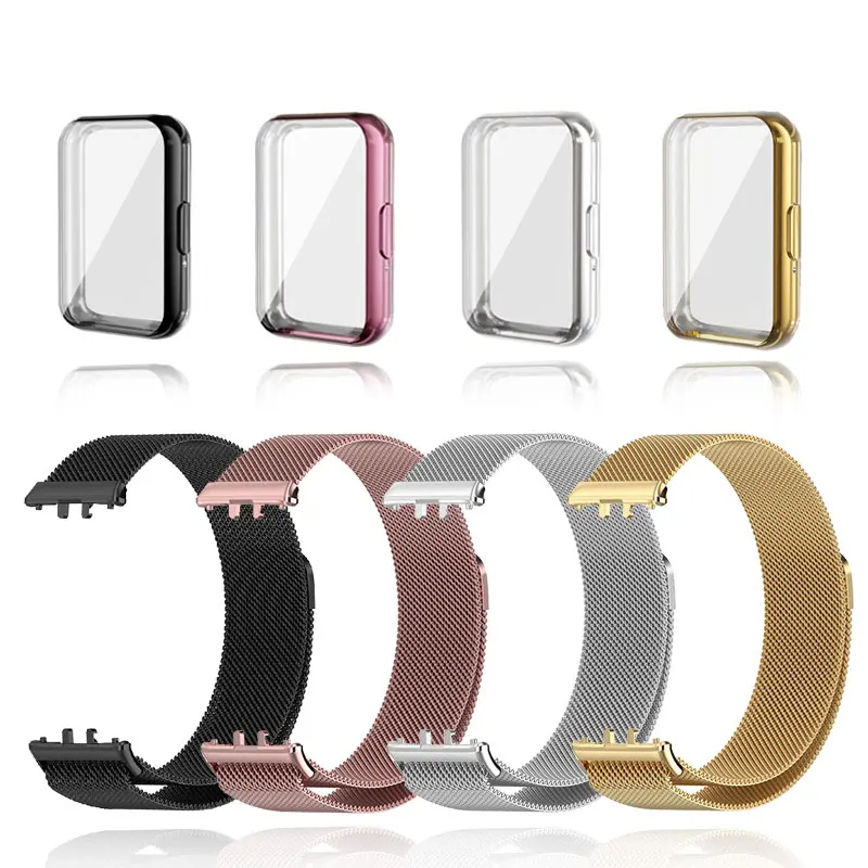 Correia de metal para Samsung Galaxy Fit 3, Pulseira com capa TPU, protetor de tela, filme macio, substituição, laço magnético milanês