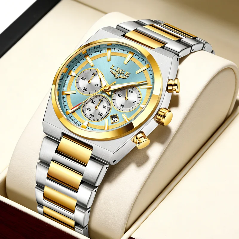 

Мужские часы LIGE, модные деловые кварцевые наручные часы, водонепроницаемые, из нержавеющей стали, с хронографом, светящиеся, с автоматической датой, для мужчин