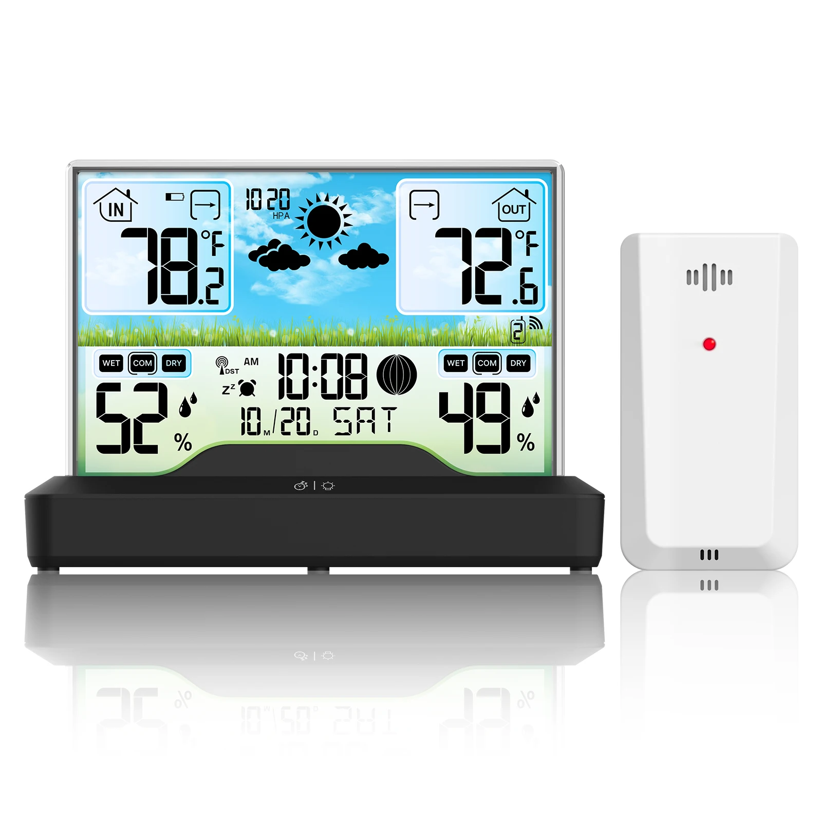 

Home Weather Station Wake-Up Clock Large HD Screen Indoor Outdoor Temperature Humidity Monitor 12-24h Weather Forecast IP44