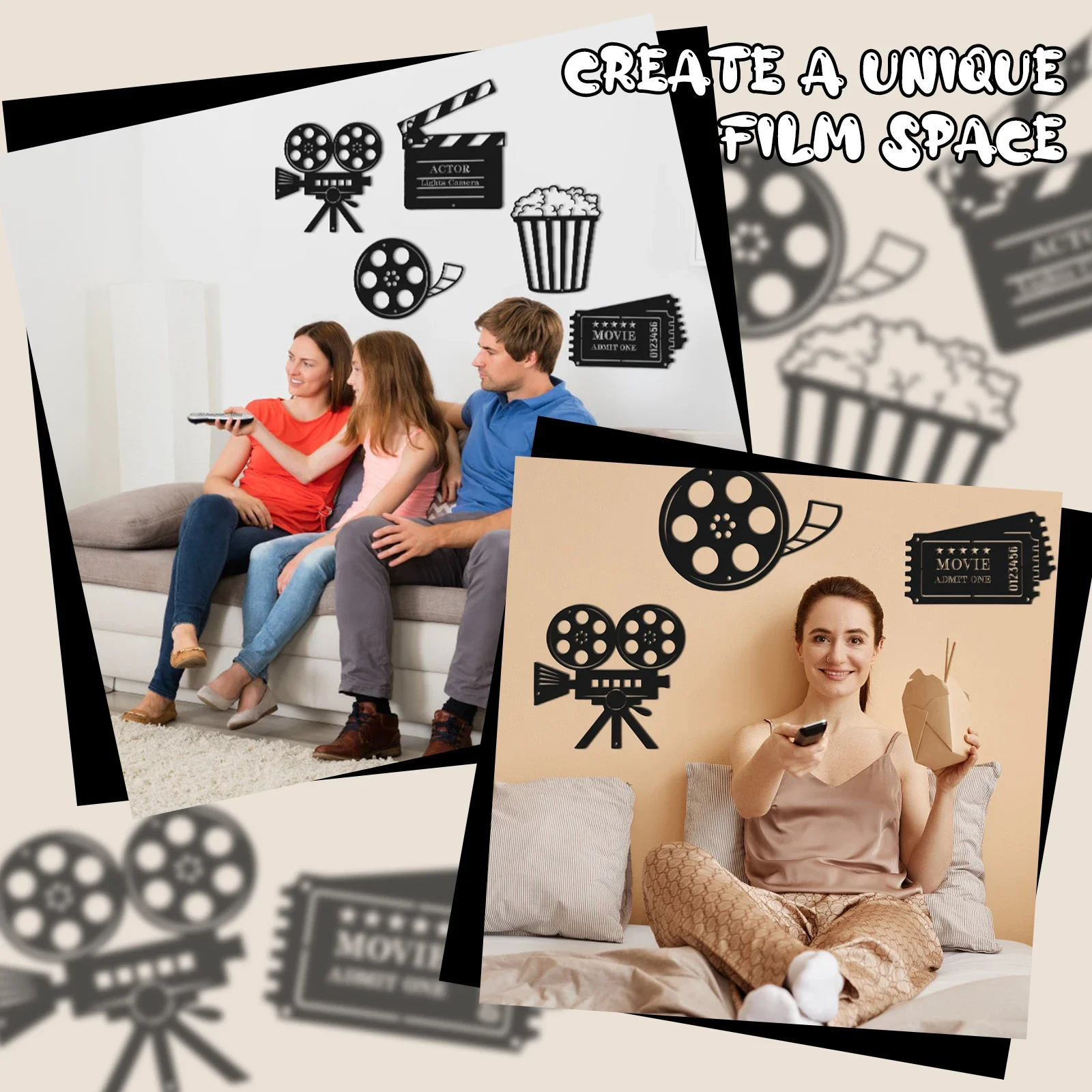 5 pcs Movie Theater Decor Home Movie Theater Room Decor Cinema and Popcorn Wall Art Metal Movie Reel Wall for Movie Theme