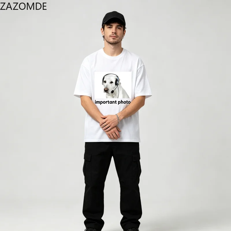 ZAZOMDE Retro Streetwear T-Shirt Important Photo Funny Slogan Dog Graphic Printing Oversized Casual Short Sleeve Shirts