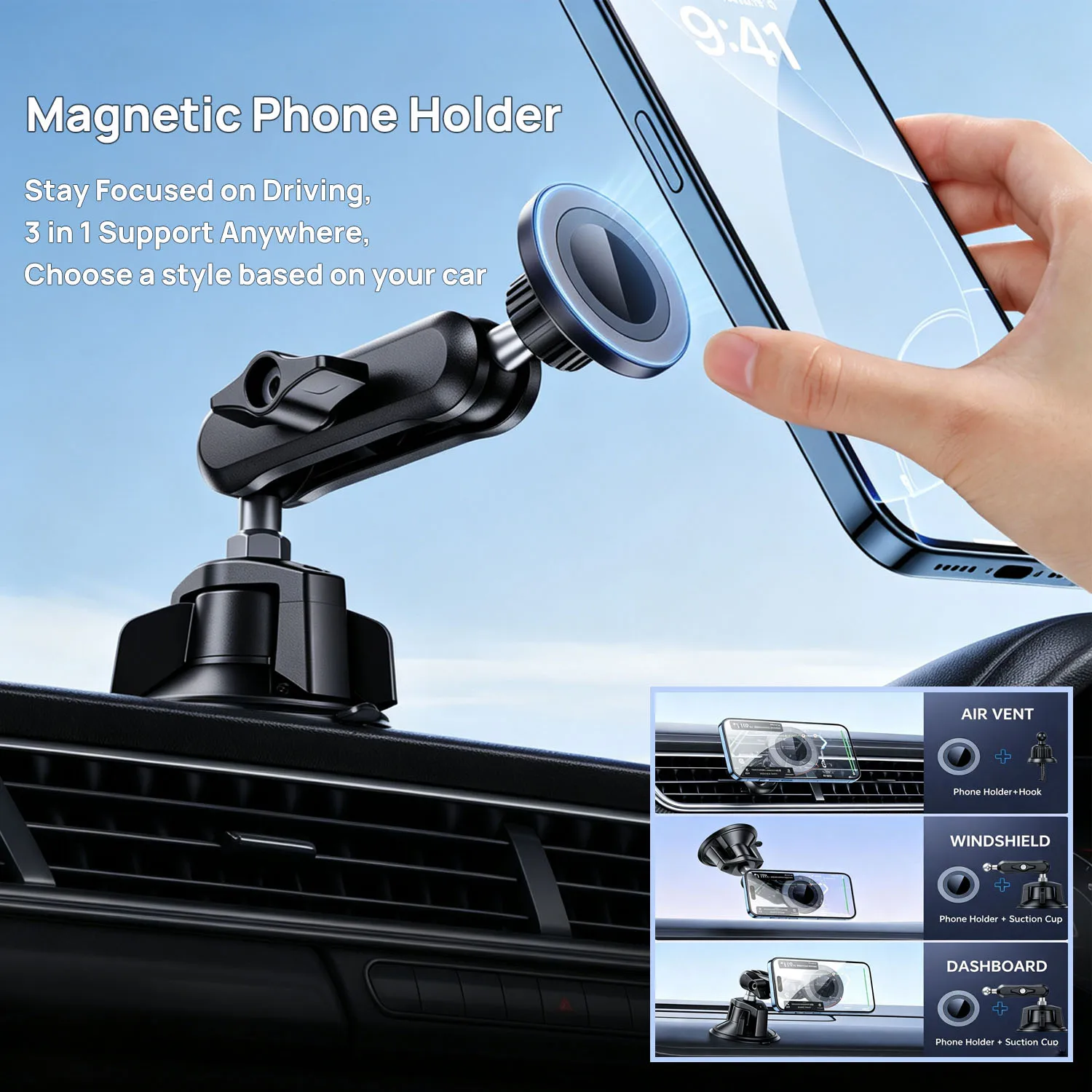 3in1 Multifunctional Car Magnetic Phone Holder Strong Sticky Adhesive Suction Cup Dashboard Phone Holder 360 Rotating Anti-Shake