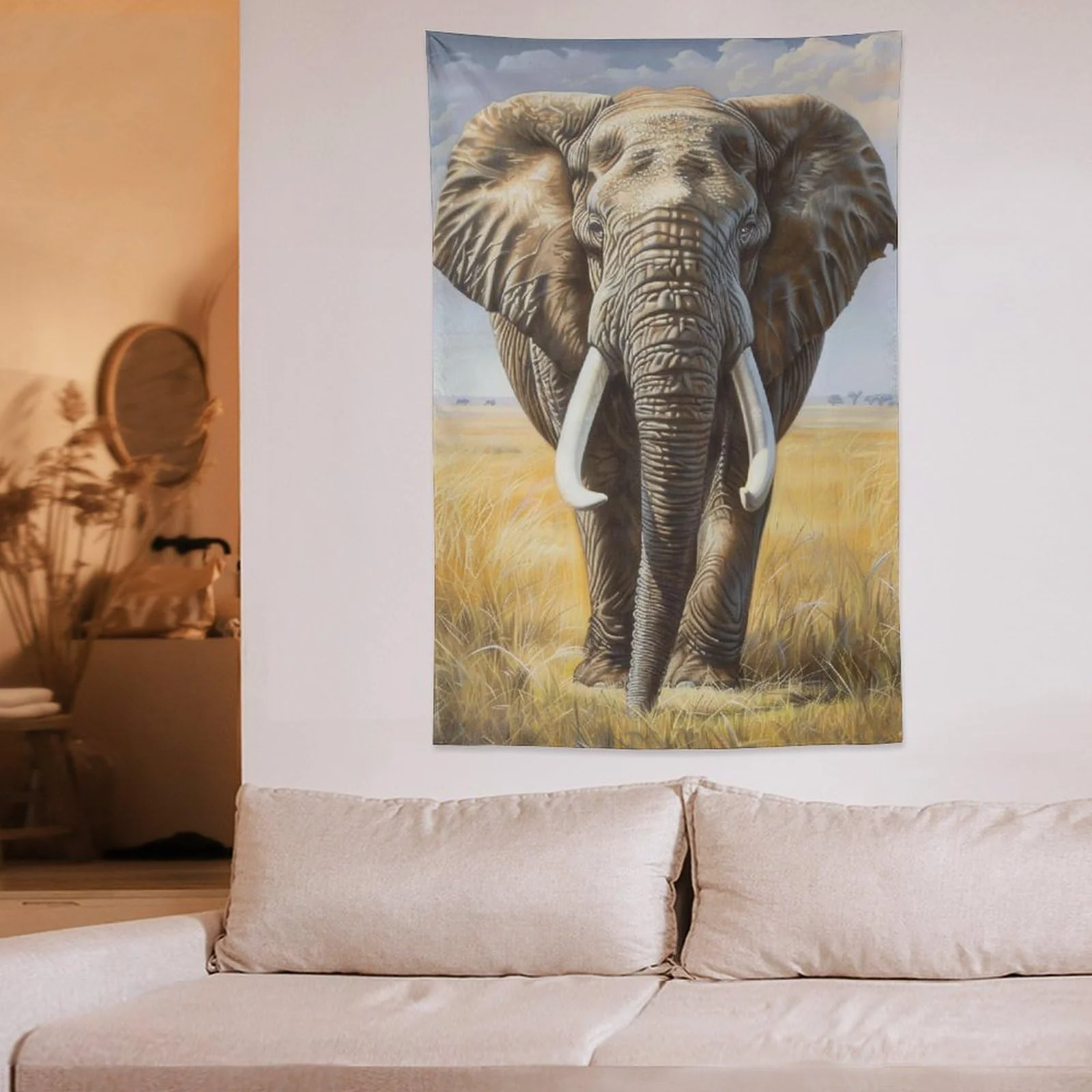 VIKAMA African Savannah Elephant Tapestry Realistic Oil Painting Style Wall Hanging Living Room, Study, Bed & Breakfast Decor