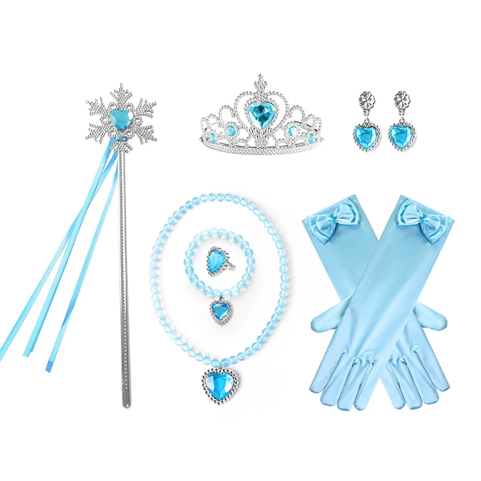 Girls Blue Elsa Cinderella Snow White Aurora Princess Accessory for Cosplay Dresses Bowknot Gloves Crown Wand Neacklace Bracelet