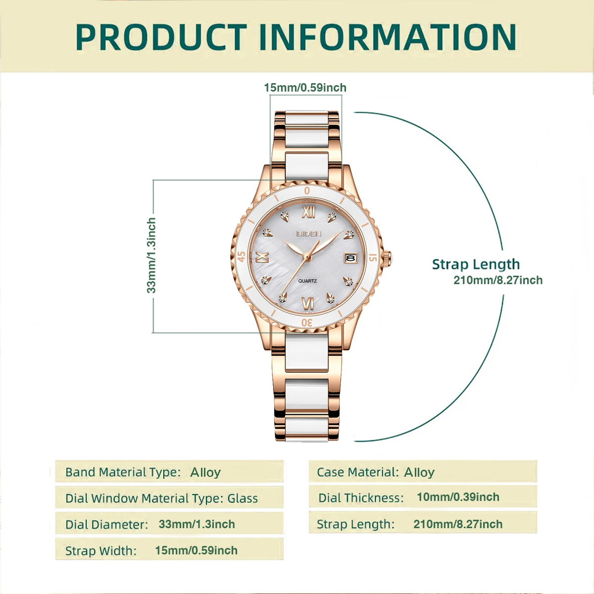 BIDEN Ladies' Watch Anti Ceramic Strap Ladies' Watch Luxury Diamond Inlaid Luminous Pointer Calendar Original Quartz Watch