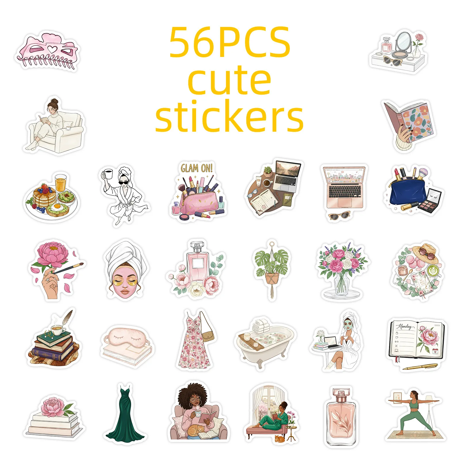 56PCS Elegant Women's Life Stickers Waterproof DIY Decals for Office Supplies Stationery Laptops Suitcases Fridge Notebook Decor
