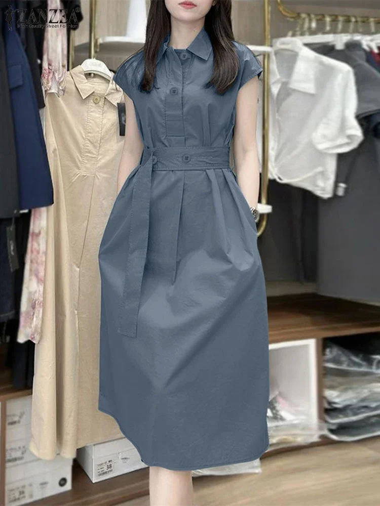 ZANZEA Donna Senza Maniche Ufficio Lavoro Vestito Estivo Elegante Cintura Camicia A Pieghe Abito Moda Tinta Unita Abiti Casual Abito Allentato