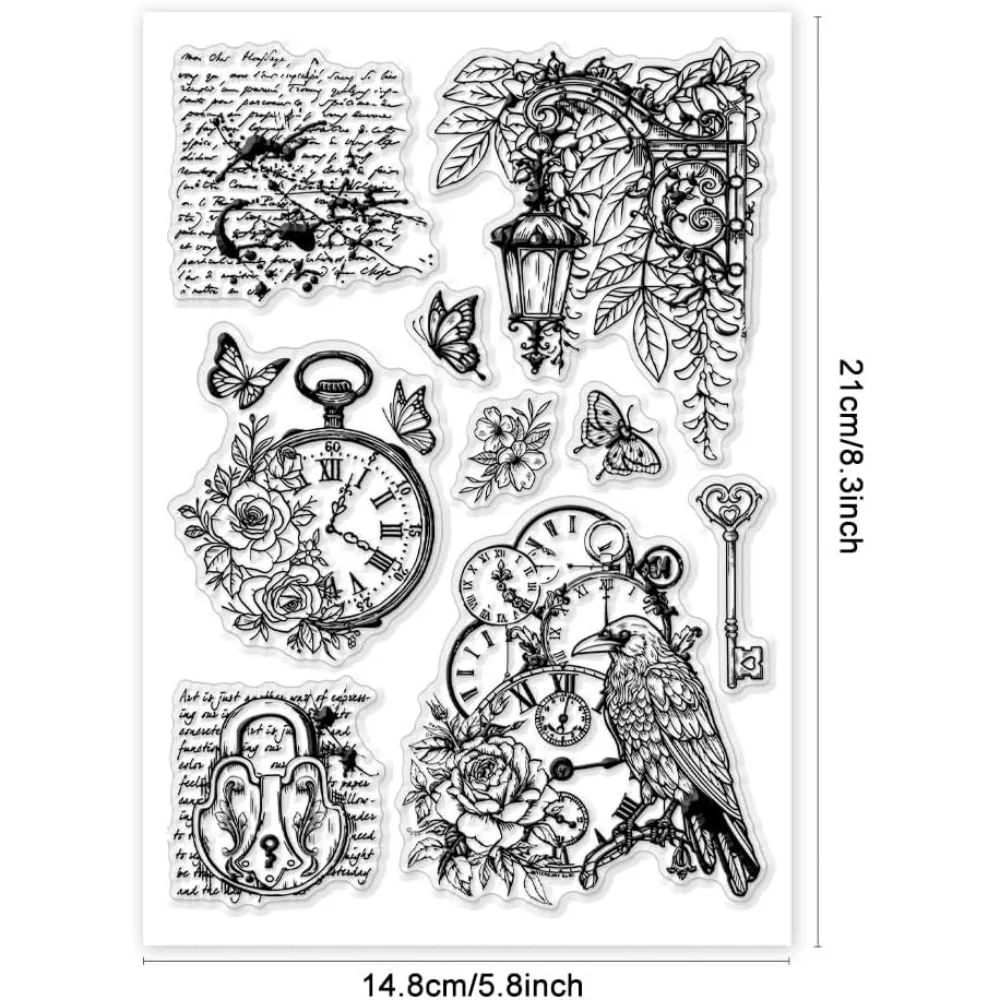 Vintage Streetlights Clear Stamp, Clock Crow Rubber Stamps Key Butterfly Flower Silicone Stamp for Card Making Photo Album