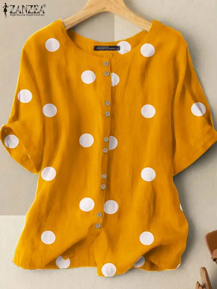 ZANZEA Fashion Women Polka Dot Printed Blouse Summer Shirt Elegant Short Sleeve Buttons Down Blusas OL Work Tops Tunic Mujer