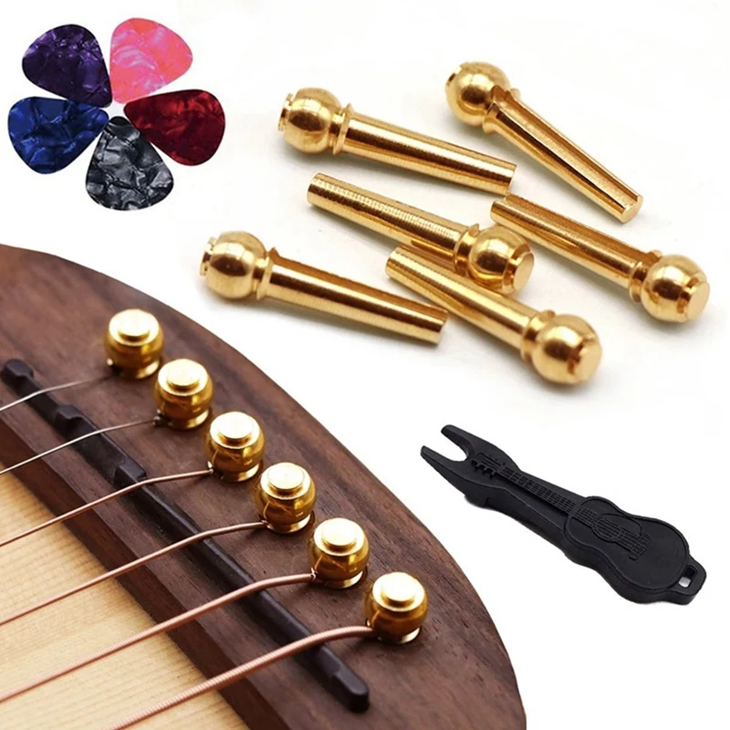 Guitar Bridge Pins 6Pcs, Brass Endpin Pegs Fixed Cone, With Bridge Pin Puller Remover & 5 Guitar Picks Durable