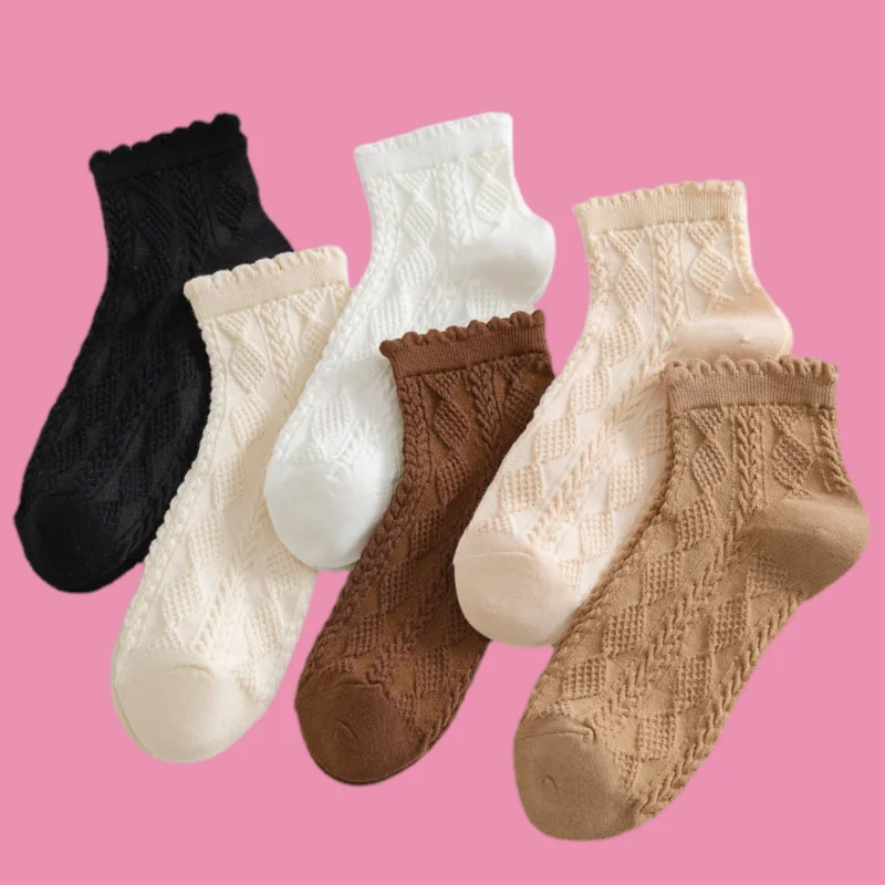 2/5 Pairs New Fashion Women's Cotton Short Socks Summer Thin Breathable Short Tube Lace Mid-tube White Ladies Cotton Socks