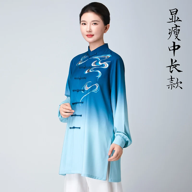Tai Chi Suit Women Competition Performance Ba Duan Jin Practice Men Gradient Silk Linen Embroidered Mid Length Set Outfit