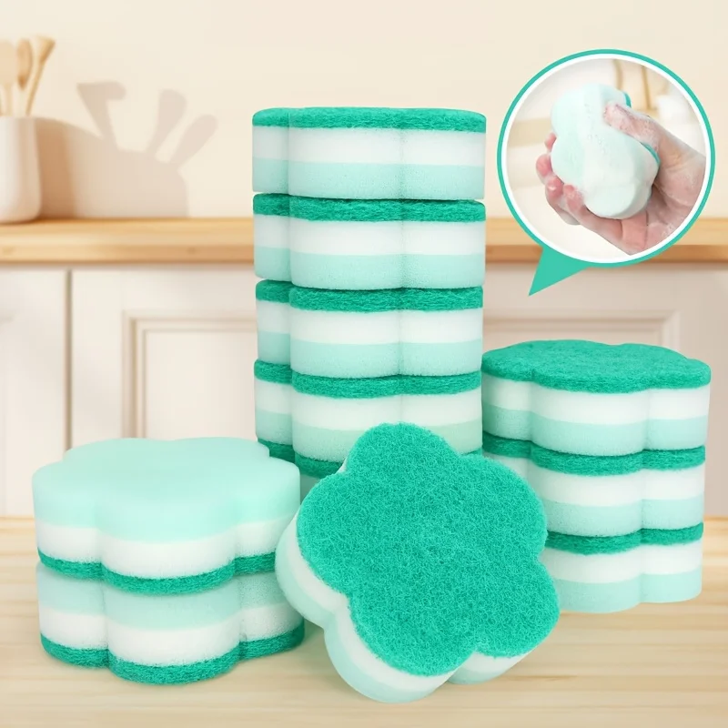 Flower-patterned sponge composite scouring pad for kitchen stain removal and cleaning