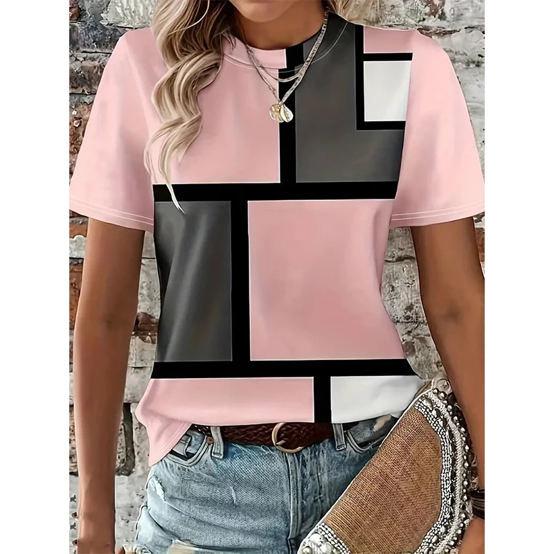New Color Stripes T-Shirts Blocks 3D Print Women O-Neck Short Sleeves T Shirt Streetwear Y2k Harajuku Tees Tops Female Clothing