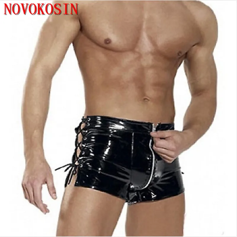 S-5XL Boxer Sexy con cremallera en la entrepierna para hombre, disfraces fetiche de piel sintética con aspecto húmedo de PVC, pantalones cortos de