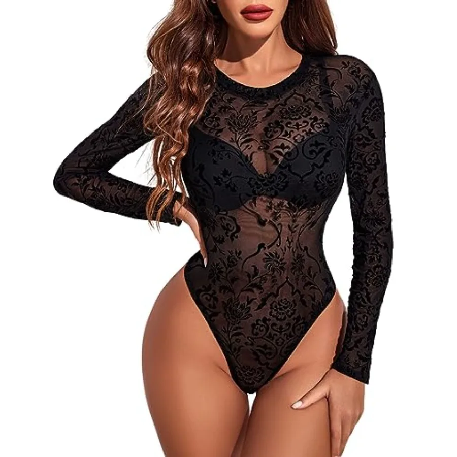 

Avidlove Womens Mesh Long Sleeve Bodysuit Round Neck Sheer Leotards Geo Print Bodysuit Top with Snap Crotch