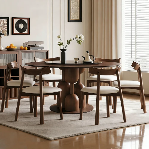 # Oak Dining Set 6 Solid Wood Chairs 35-inch Floating Glass Lazy Susan Eco-Friendly Modern Dining Room